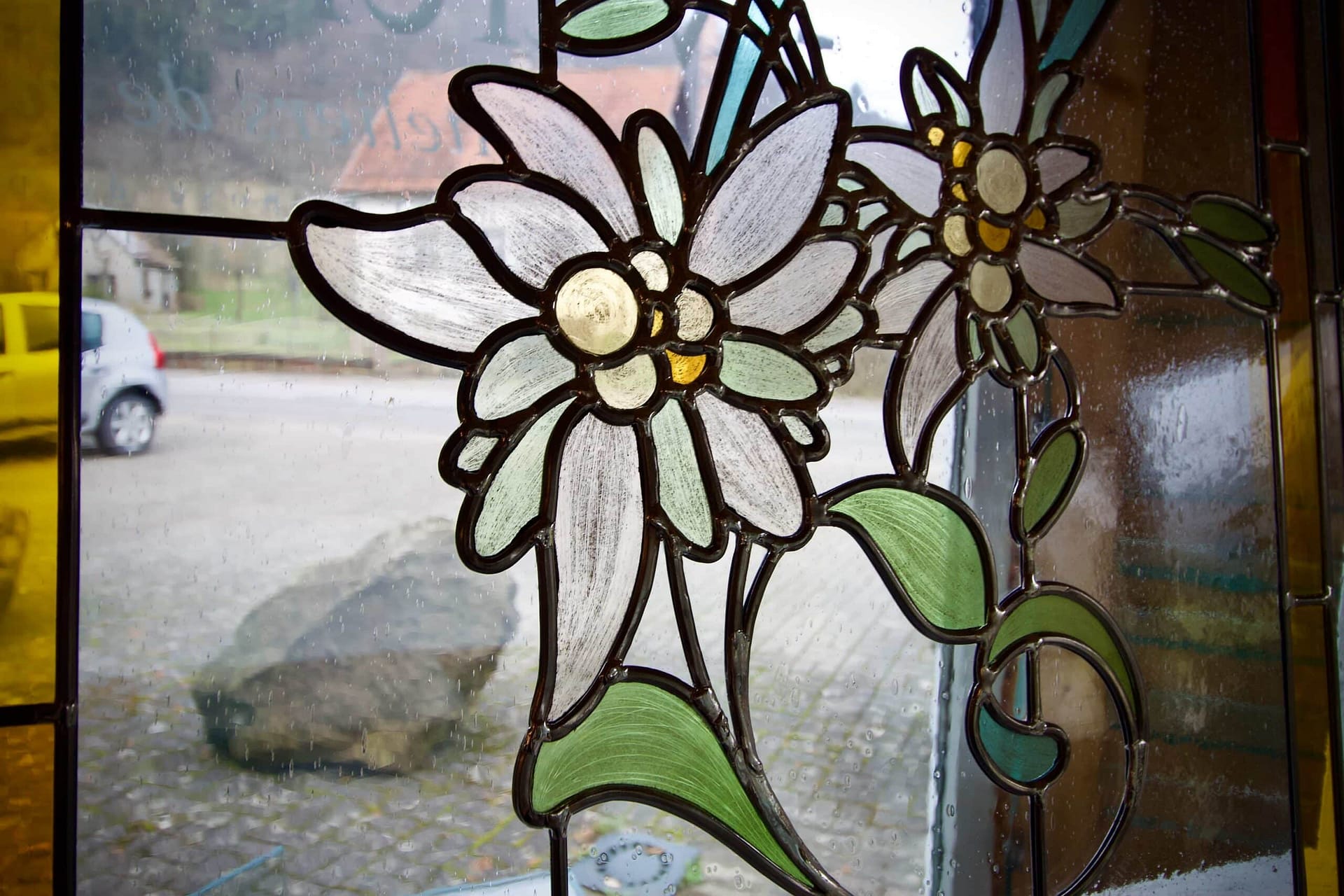 Fleur d’edelweiss en gros plan, verre soufflé et grisaille