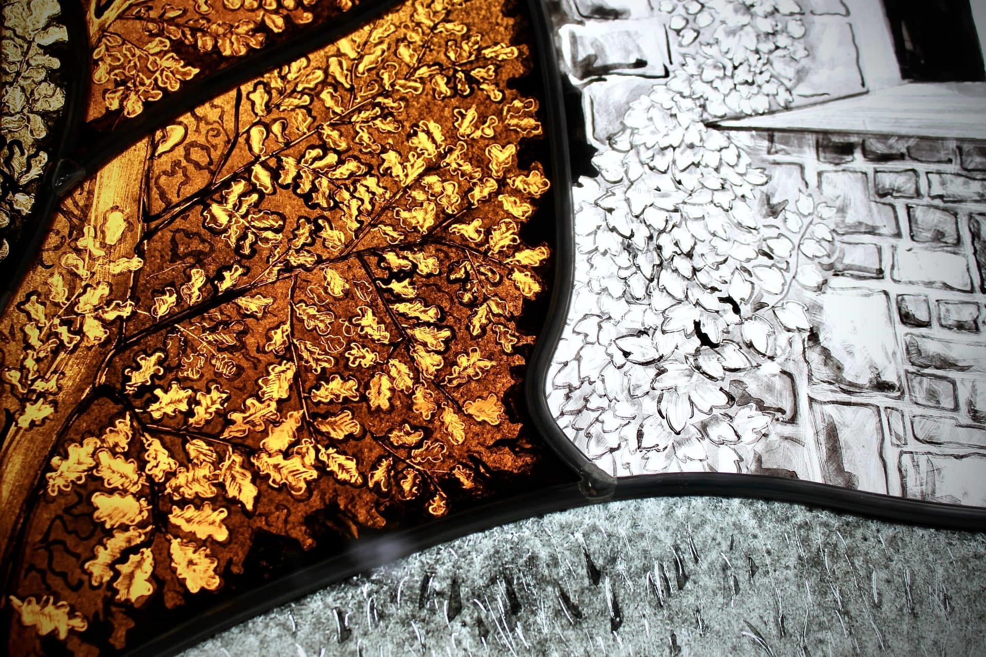 Feuilles ambrées et pierres peintes