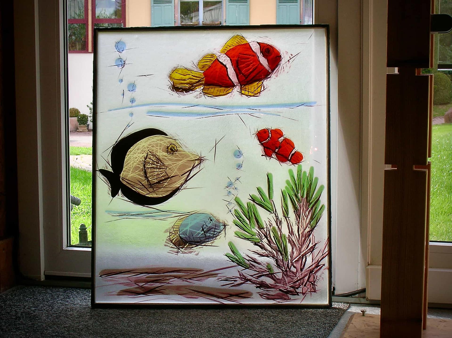 Panneau de verre en fusing aux poissons et aux algues